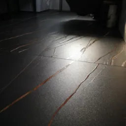 Ciemna, połyskująca podłoga z płytek imitujących marmur w łazience z widoczną toaletą w tle.