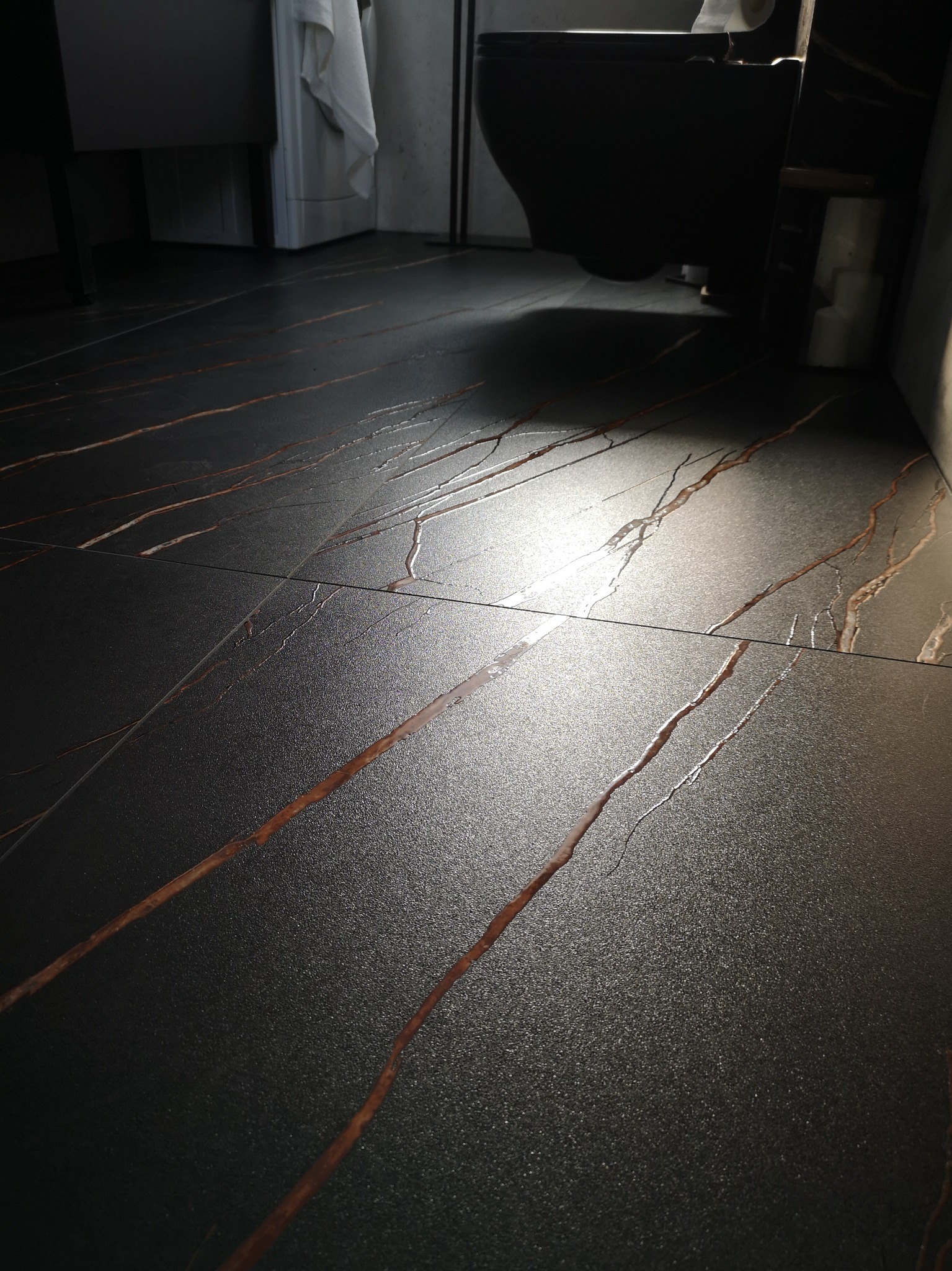 Ciemna, matowa płytka podłogowa z brązowymi żyłami w łazience, widoczny fragment toalety i szafki umywalkowej.