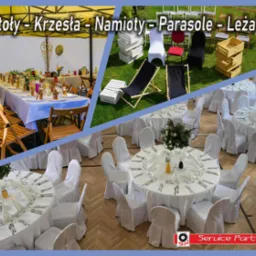 Kompozycja trzech ujęć: długi stół pod namiotem z dekoracjami, leżaki i krzesła na trawie oraz okrągłe stoły z białymi obrusami i krzesłami w pokrowcach, przygotowane do uroczystości.