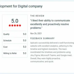 Opinia klienta o zakończonym projekcie tworzenia oprogramowania na zamówienie dla firmy cyfrowej, ocena 5 gwiazdek, szczegóły projektu, recenzja i dane recenzenta.