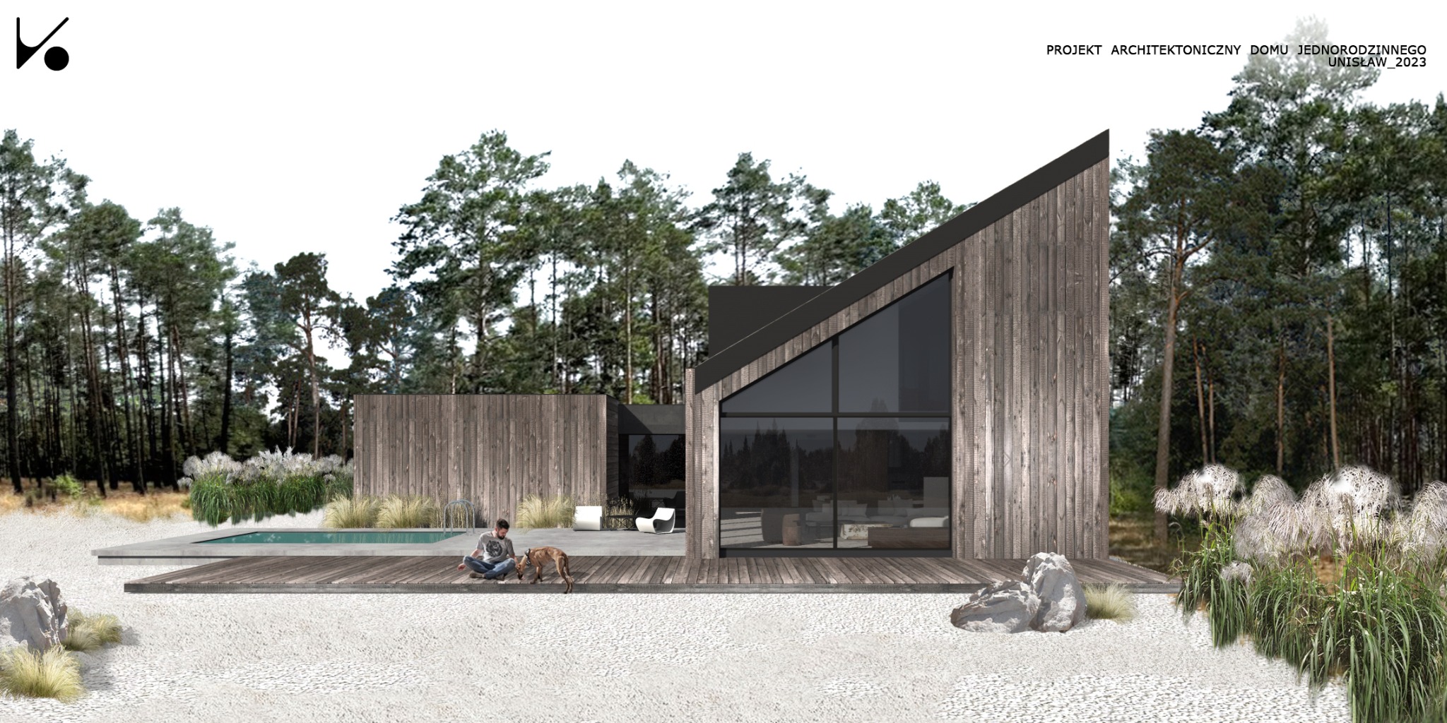 Wizualizacja projektu architektonicznego nowoczesnego domu jednorodzinnego z drewnianą elewacją, dużymi przeszkleniami i basenem, mężczyzna siedzi na tarasie z psem.