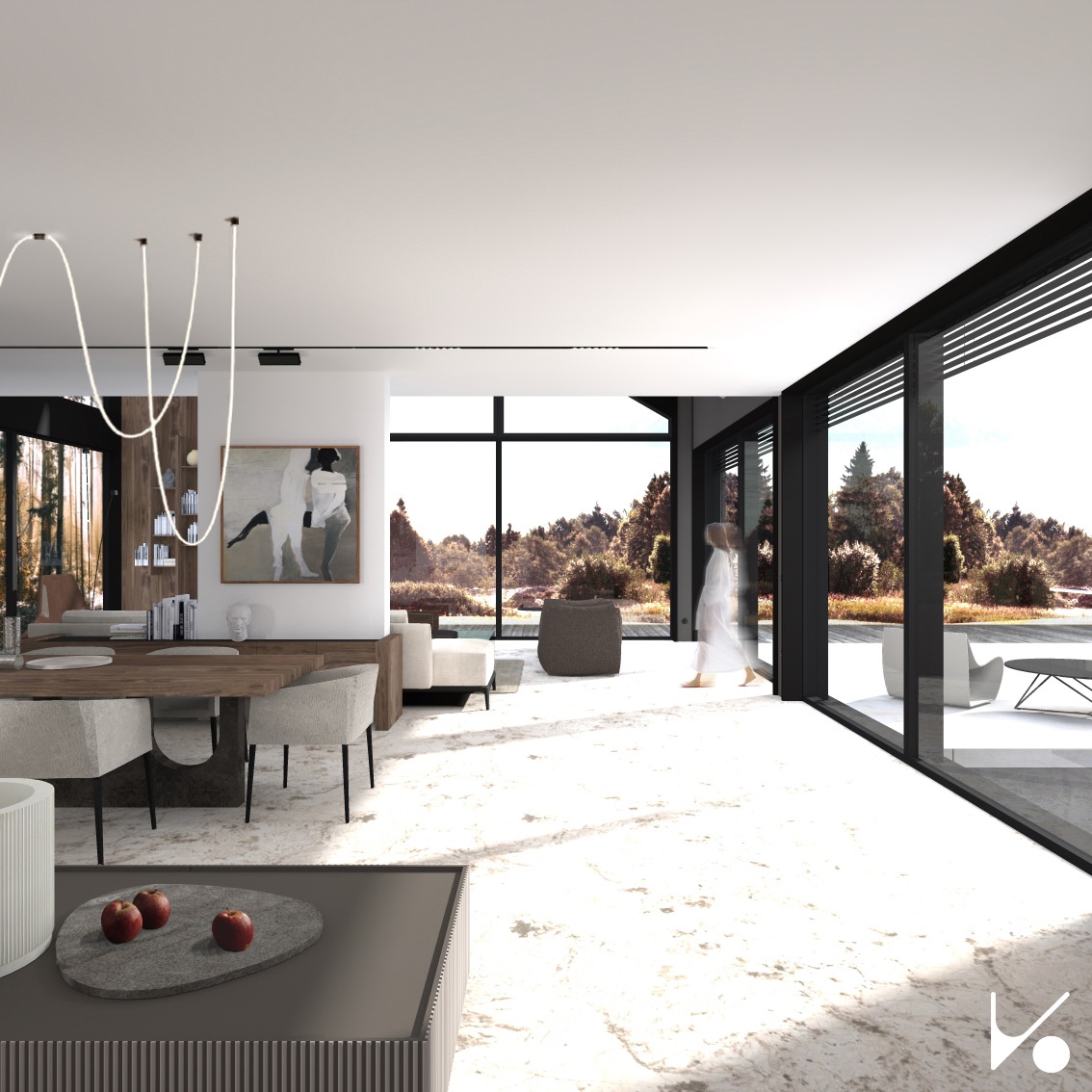 Wnętrze przestronnego salonu z dużymi oknami wychodzącymi na ogród, drewniany stół z krzesłami, nowoczesne oświetlenie wiszące, abstrakcyjny obraz na ścianie, marmurowa podłoga, osoba w białym...