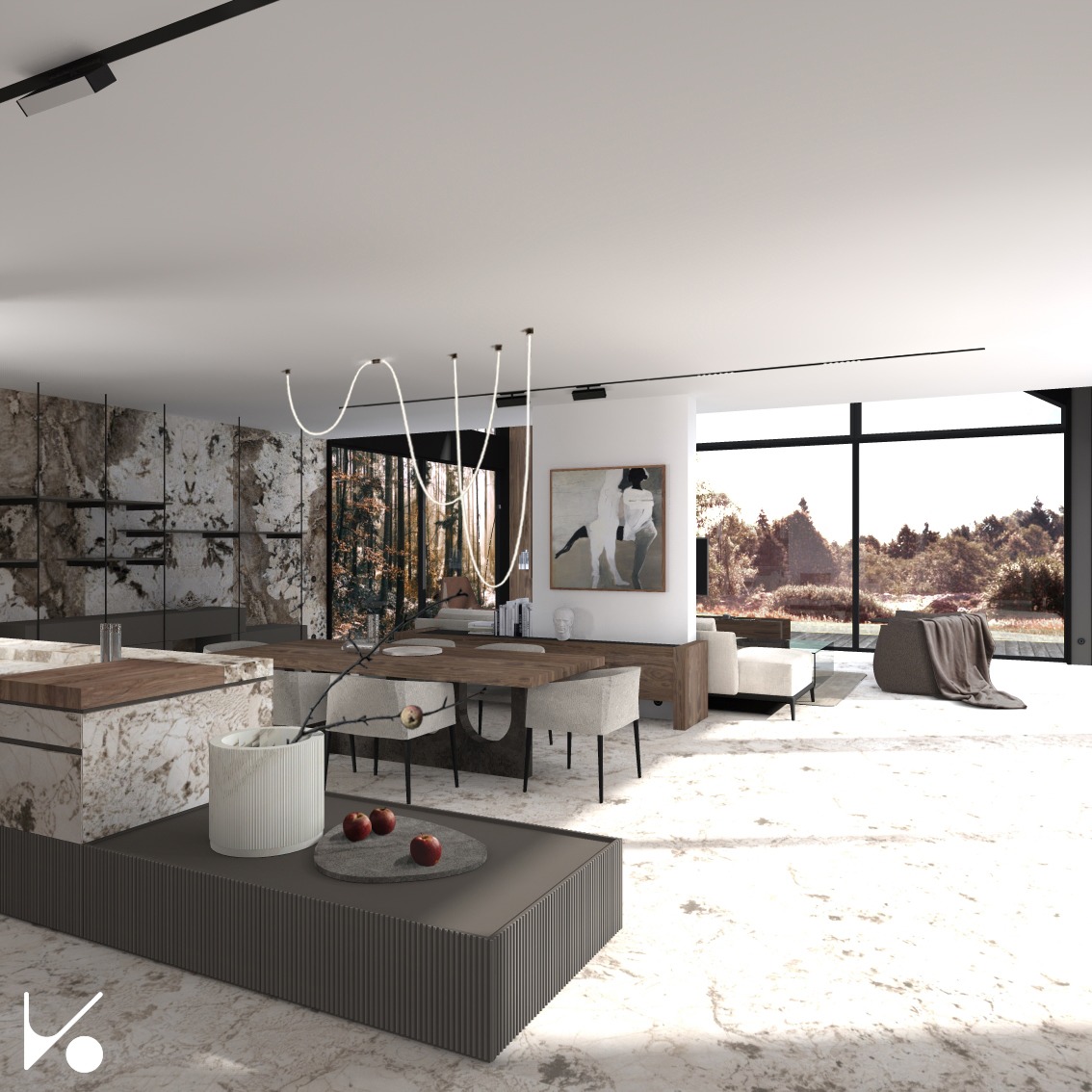 Przestronne wnętrze z marmurową ścianą, drewnianym stołem jadalnym i nowoczesnym oświetleniem wiszącym, widok na zewnątrz przez duże okno.