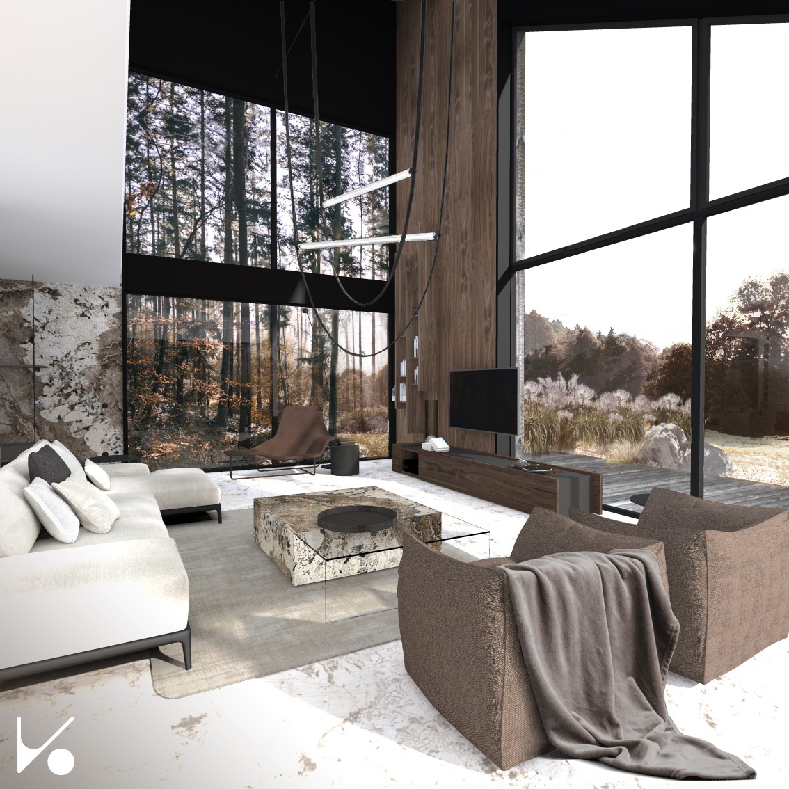Nowoczesny salon z wysokimi oknami z widokiem na las, biała sofa z poduszkami, marmurkowy stolik kawowy, brązowe fotele z narzutą, drewniana ściana z telewizorem i półkami, designerskie lampy wiszące.