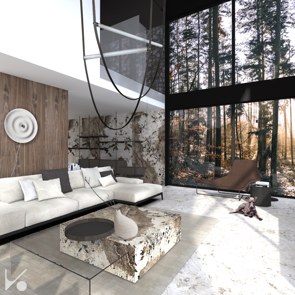 Jasny salon z panoramicznym oknem na las, narożna sofa, marmurkowy stolik kawowy i leżanka, akcentem jest biała lampa na drewnianej ścianie i pies leżący na marmurowej podłodze.