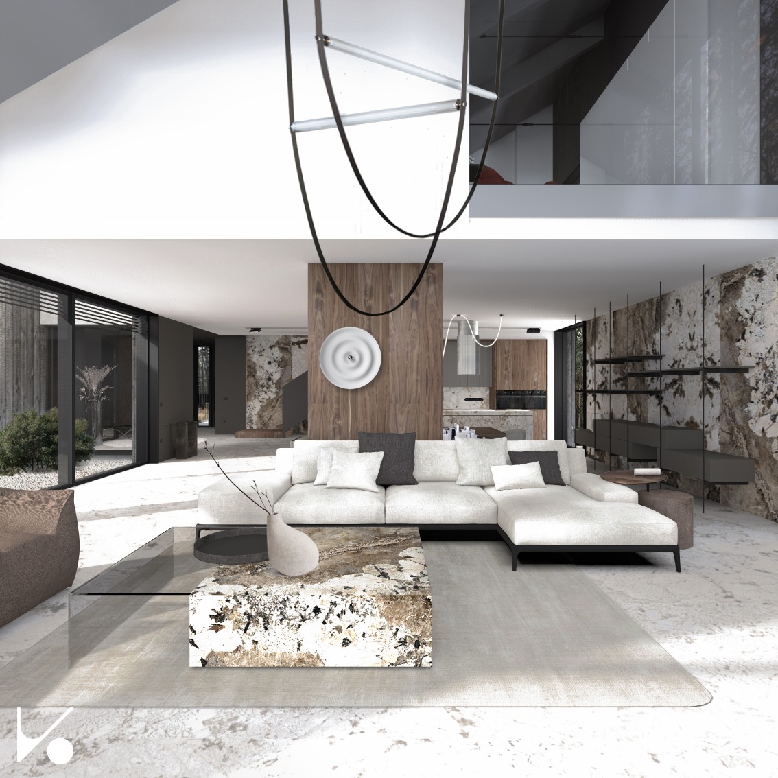 Przestronny salon z białym narożnikiem, stolikiem kawowym z marmurowym blatem i dekoracyjną lampą wiszącą, widok na otwartą kuchnię i przeszklone wyjście na taras.