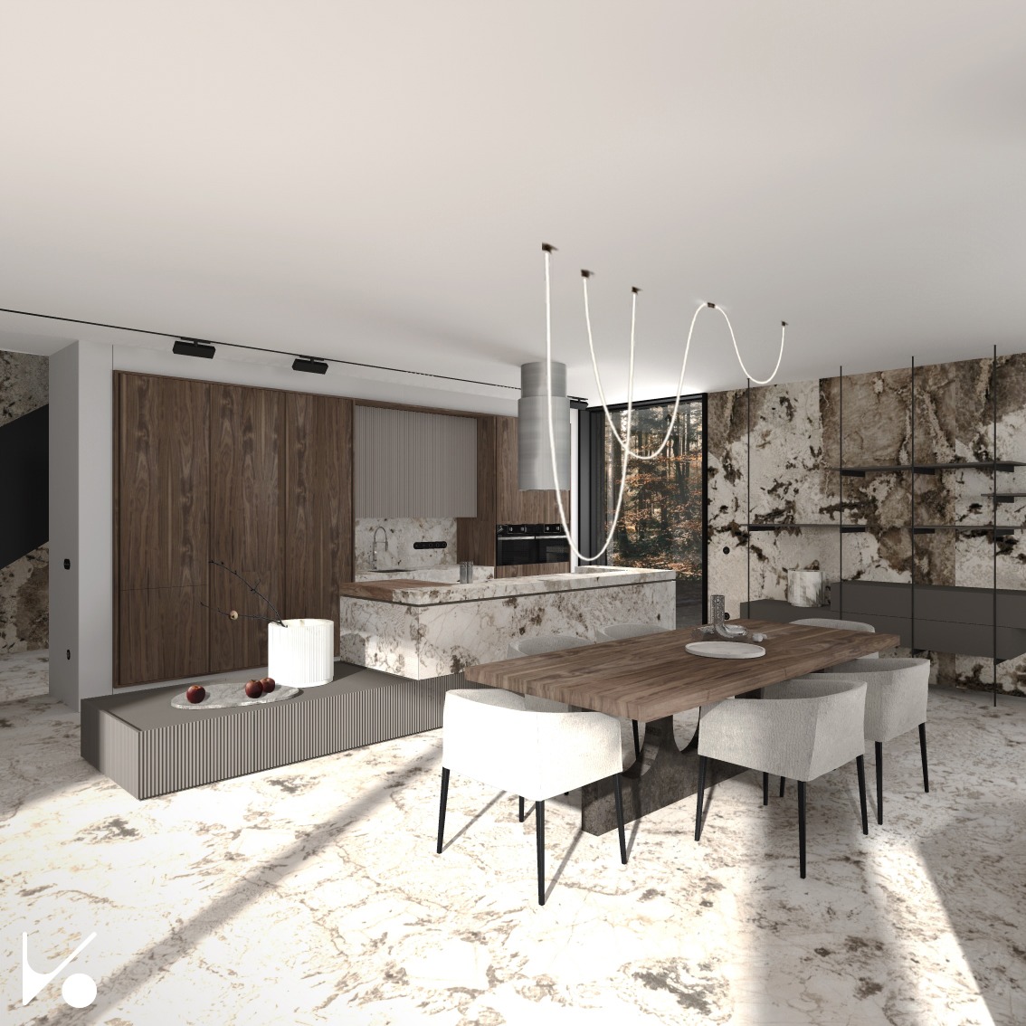 Wizualizacja przestronnej kuchni z wyspą z marmurowym blatem, drewnianymi szafkami i stołem jadalnym z krzesłami na marmurowej podłodze, podświetlona nowoczesną lampą wiszącą.