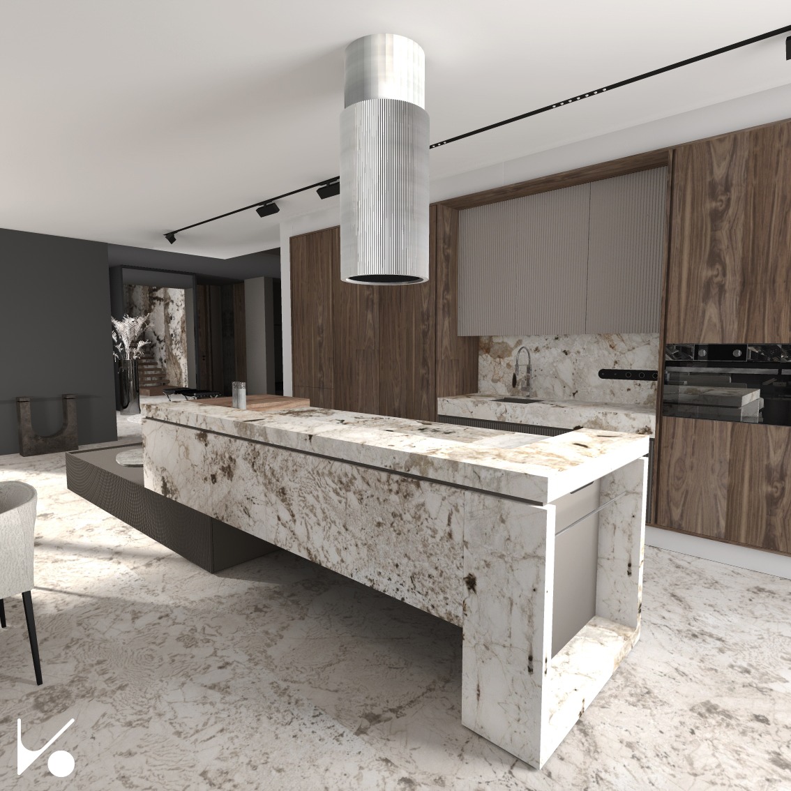 Wnętrze nowoczesnej kuchni z wyspą z marmurowym blatem, drewnianymi szafkami, designerskim okapem cylindrycznym i podłogą z marmuru.