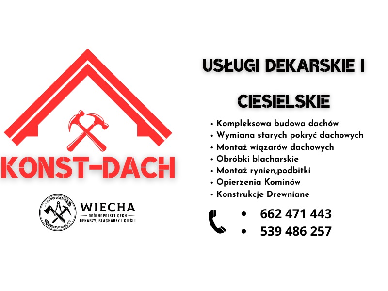 Grafika reklamowa firmy dekarskiej i ciesielskiej Konst-Dach, prezentująca logo z czerwonym zarysem dachu i skrzyżowanymi młotkami, oraz listę usług obejmującą budowę, wymianę, montaż wiązarów...