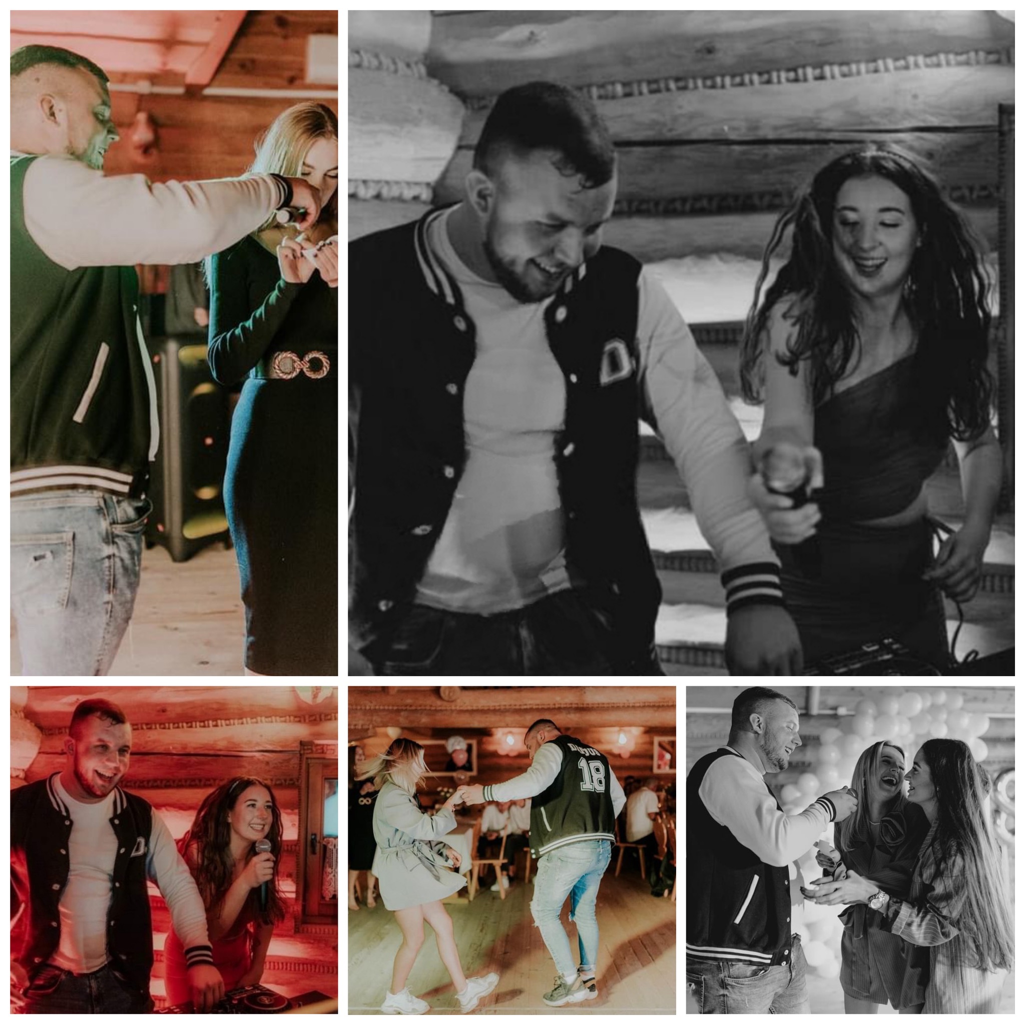 Kolaż zdjęć z imprezy: DJ w bluzie bejsbolówce miksuje muzykę, para tańczy, a goście świętują z balonami w tle.