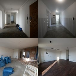 G-Bud Pro - Montażowe zestawienie przed i po: korytarz i pokój w trakcie generalnego odświeżania, widoczne worki z gruzem, drabina, surowa ściana i efekt końcowy z nową podłogą i oświetleniem.