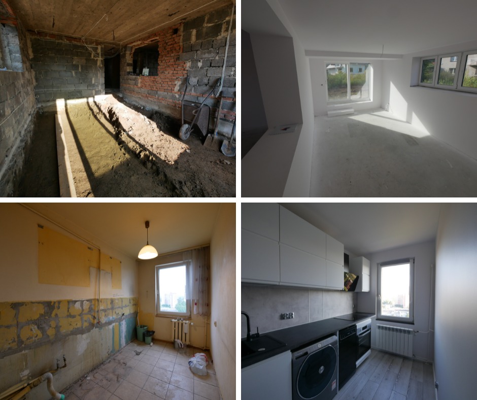 Kompozycja czterech zdjęć ukazująca metamorfozę mieszkania: surowy stan z ceglanymi ścianami i ziemią, puste, świeżo otynkowane pomieszczenie, kuchnia przed remontem z odsłoniętymi fragmentami...