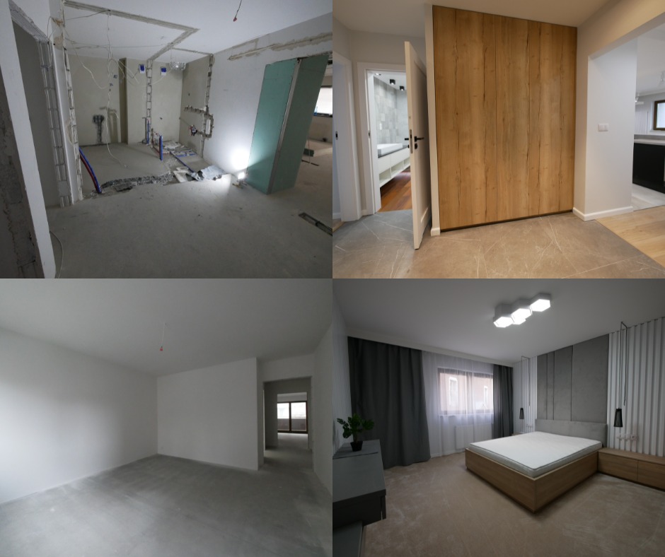 Porównanie stanu surowego i wykończonego remontu mieszkania: widok na salon z instalacjami przed i po, oraz sypialnię po remoncie z łóżkiem, zasłonami i oświetleniem.