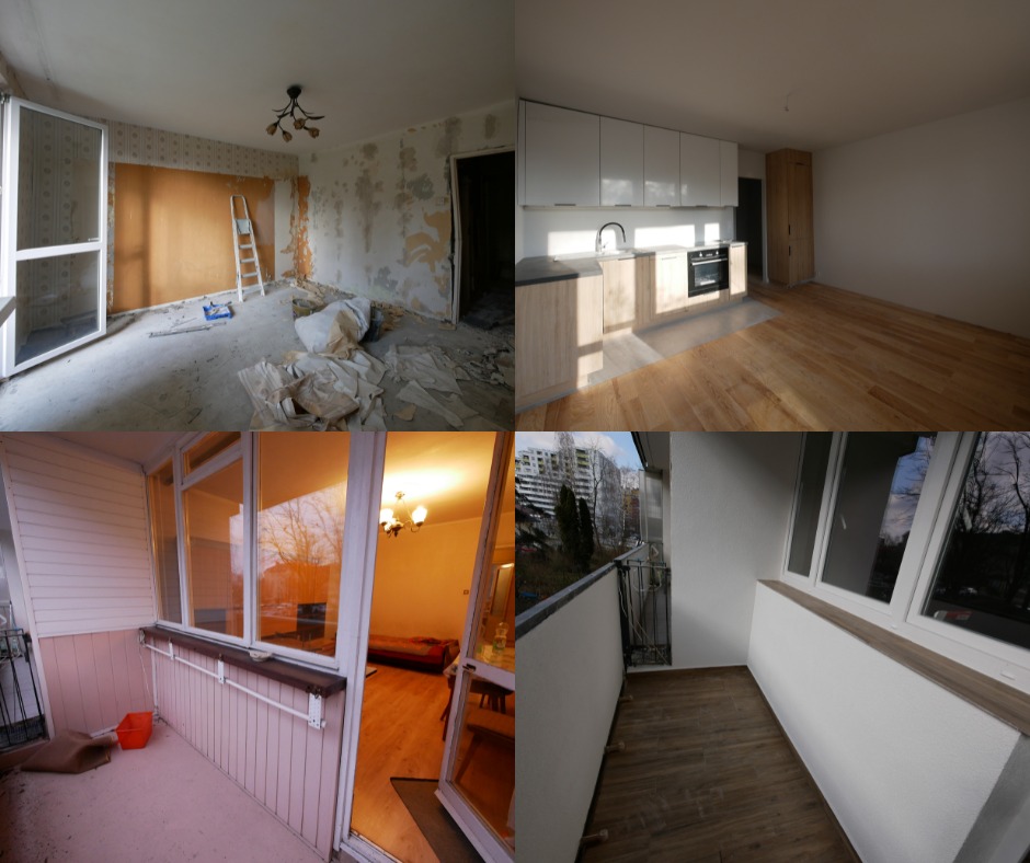 Kompozycja czterech zdjęć: pokój w trakcie demontażu z drabiną i resztkami tapet, nowoczesna kuchnia z drewnianą podłogą, balkon z widokiem na miasto po remoncie, balkon z widokiem na wnętrze przed...