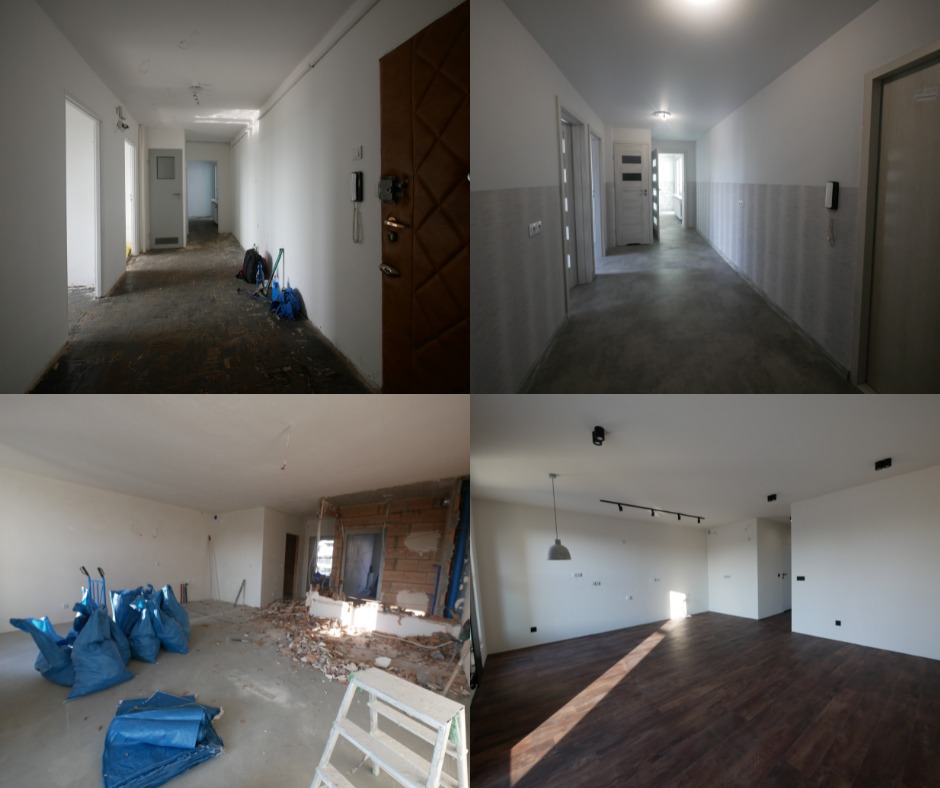 Montażowe zestawienie przed i po: korytarz i pokój w trakcie generalnego odświeżania, widoczne worki z gruzem, drabina, surowa ściana i efekt końcowy z nową podłogą i oświetleniem.