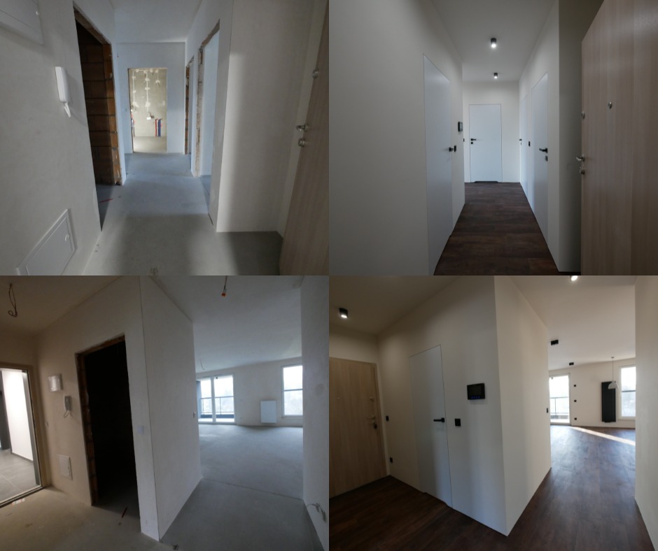 Kompozycja czterech ujęć wnętrza mieszkania: dwa pokazują stan surowy z szarymi ścianami i betonową podłogą, a dwa prezentują wykończone wnętrze z białymi ścianami i drewnianą podłogą.