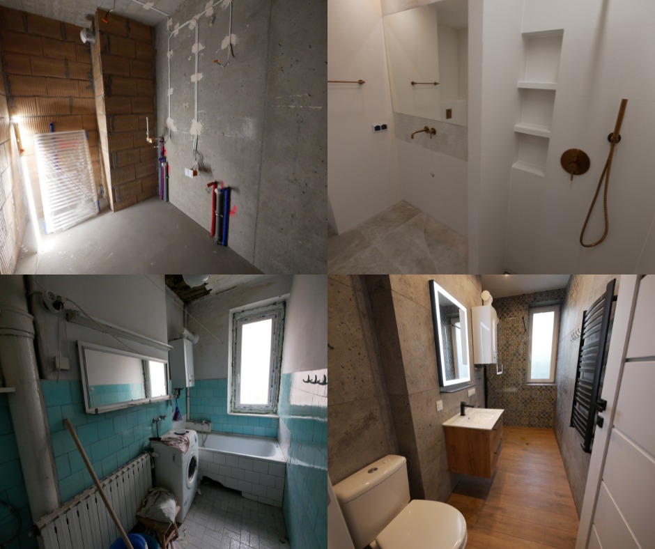 Kolaż czterech zdjęć łazienek: surowa instalacja z odsłoniętą cegłą i rurami, nowoczesna biała łazienka z armaturą w kolorze miedzi, łazienka w stylu retro z niebieskimi płytkami i starą pralką...