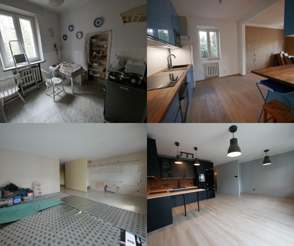 Kompozycja czterech ujęć prezentujących kuchnię przed i po renowacji: widok ogólny starej kuchni z meblami i sprzętami, nowa kuchnia z jasnymi ścianami i drewnianą podłogą, pomieszczenie w trakcie...
