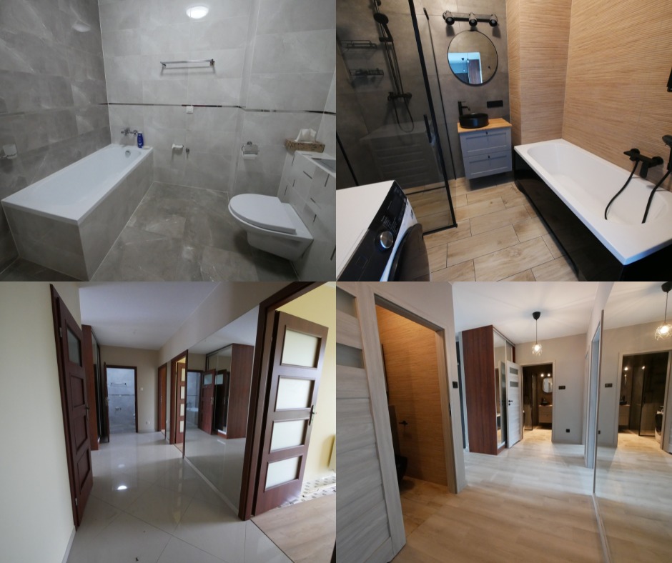 Kolaż prezentujący dwie łazienki z różnymi stylami wykończenia oraz korytarz z widocznymi drzwiami i szafami wnękowymi, ukazujący remont mieszkania.