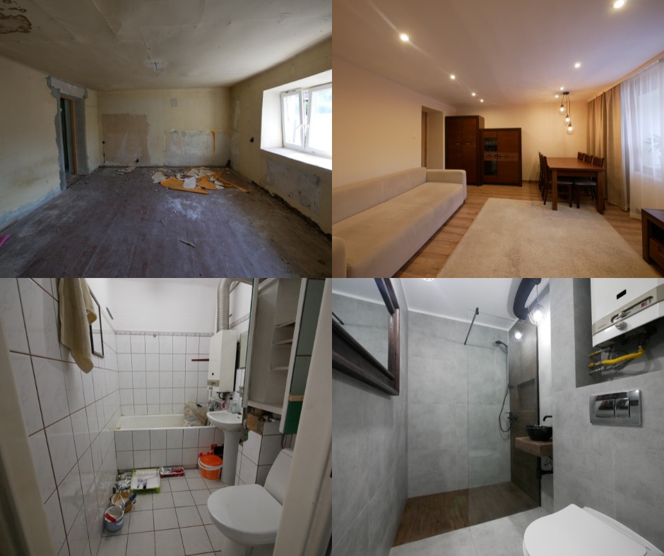 Kolaż 'przed i po' ukazujący wnętrza mieszkania: salon z widocznymi śladami demontażu i odnowiony salon z beżową sofą i drewnianymi meblami, łazienka w trakcie demontażu i wyremontowana łazienka...