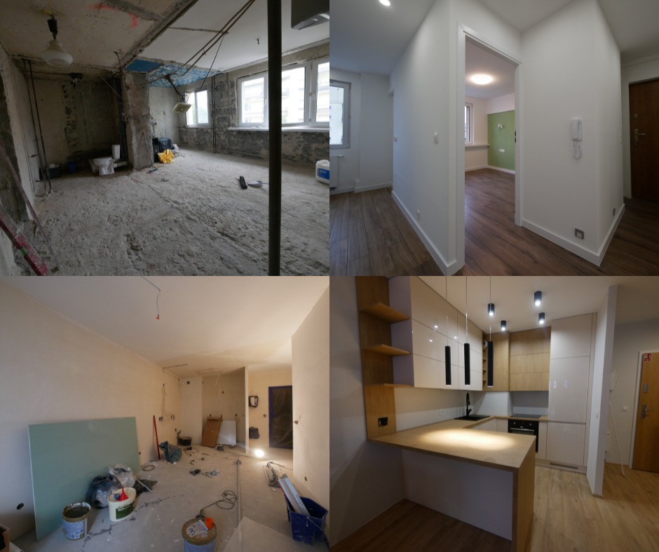 Zdjęcie typu 'przed i po' prezentujące wnętrze mieszkania w trakcie i po remoncie. Lewa strona ukazuje surowy stan z odsłoniętymi instalacjami i betonową podłogą, prawa strona ukazuje wykończone...