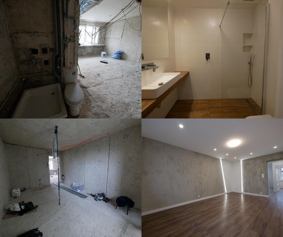 Fotografia typu 'przed i po' przedstawia remont łazienki i pokoju: surowy stan z odsłoniętymi rurami i betonem zestawiony z wykończoną łazienką z kabiną prysznicową i pokojem z parkietem...