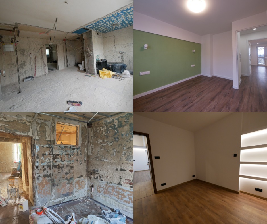 Kolaż przedstawiający metamorfozę wnętrza: po lewej stan surowy z odsłoniętymi ścianami i instalacjami, po prawej wykończone pomieszczenia z panelami podłogowymi, gładkimi ścianami i nowoczesnym...