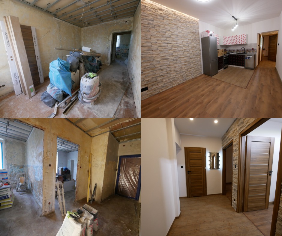 Porównanie stanu mieszkania przed i po remoncie: surowe ściany z instalacją elektryczną i bałagan kontra wykończone wnętrze z panelami podłogowymi, kamienną okładziną ścienną oraz nową kuchnią...