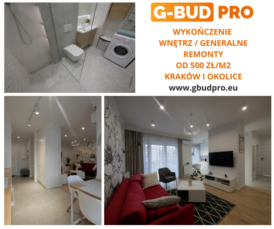 Kompozycja zdjęć przedstawiająca wykończone wnętrza: łazienka z kabiną prysznicową, toaletą i pralką oraz salon z czerwonym narożnikiem, wzorzystą tapetą i dywanem w geometryczny wzór. W górnej...