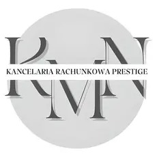 Logo Kancelarii Rachunkowej Prestige na szarym okręgu, litery K, M i N w ciemnoszarym kolorze, nazwa firmy na białym pasku.