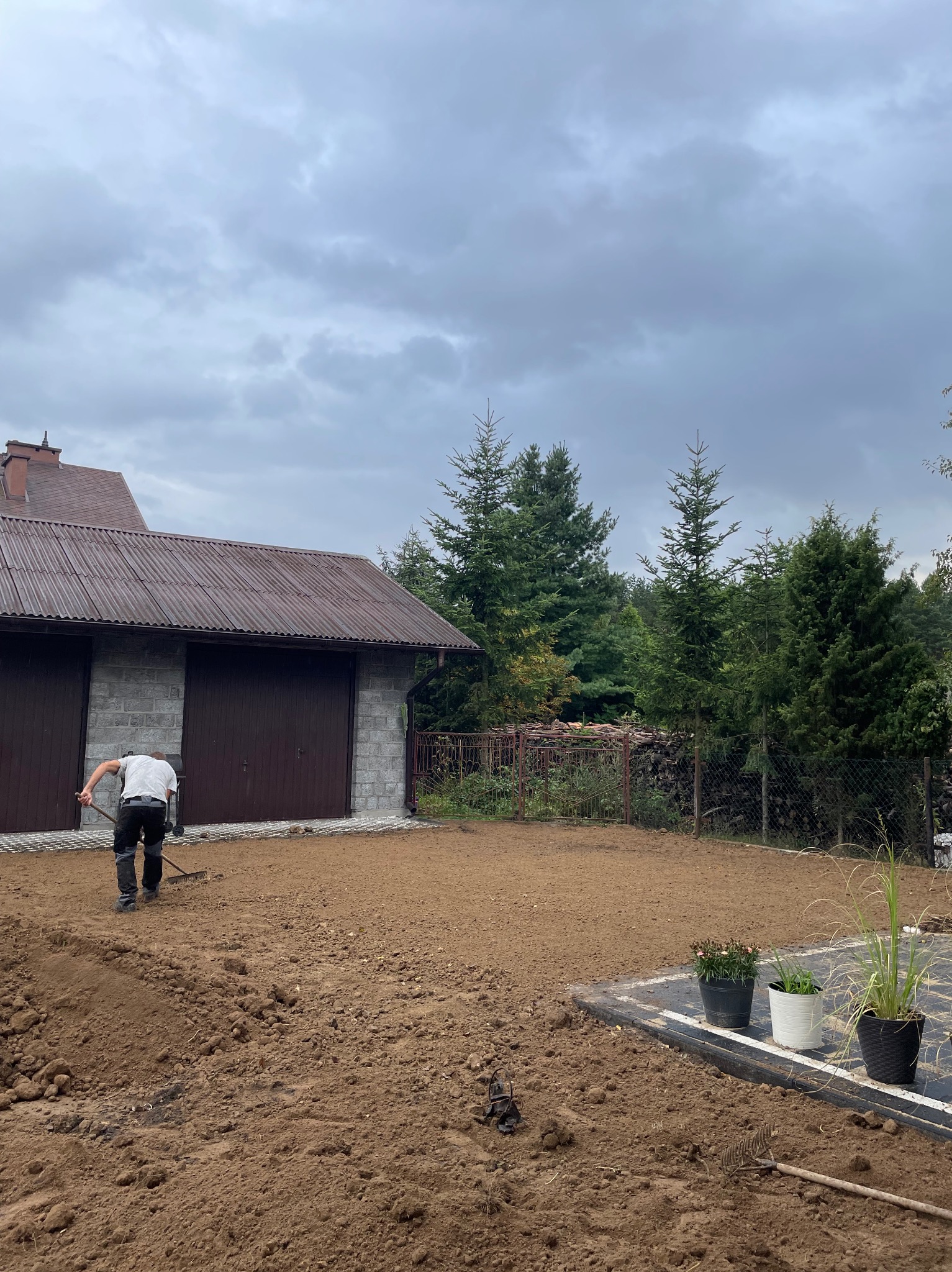 Mężczyzna wyrównuje grabiami teren pod trawnik z widocznym budynkiem gospodarczym, drzewami iglastymi i przygotowanymi sadzonkami kwiatów w donicach.