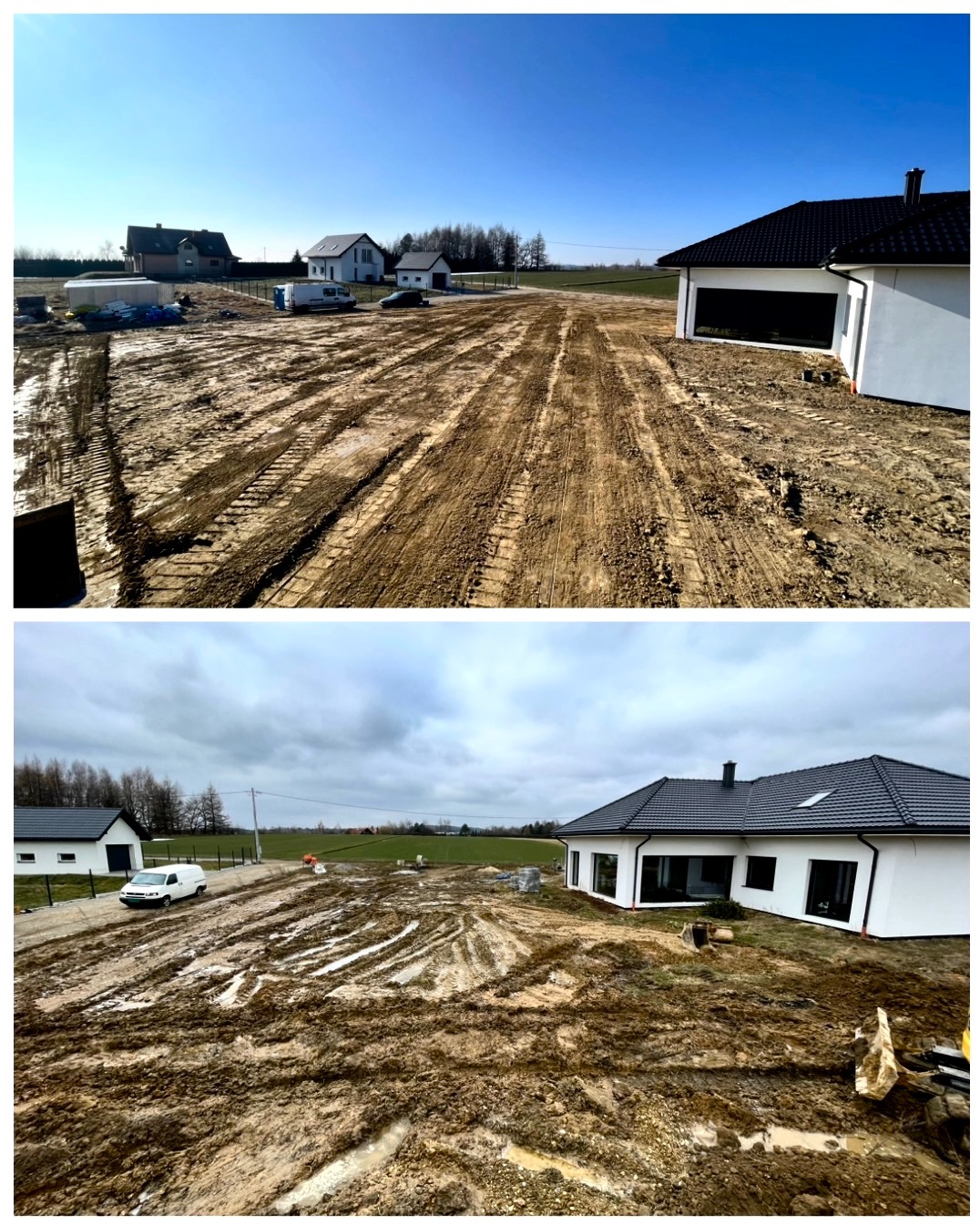 Dwa ujęcia terenu po niwelacji i pracach ziemnych, widoczne ślady opon i błoto, w tle domy jednorodzinne pod błękitnym i pochmurnym niebem.