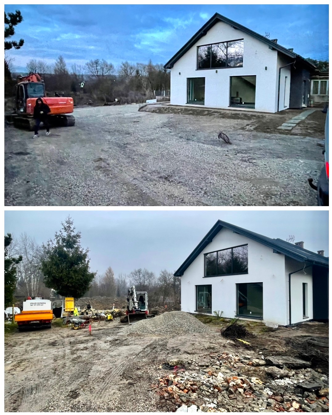 Dwa ujęcia placu budowy przed nowoczesnym domem jednorodzinnym, z widocznym ciężkim sprzętem budowlanym i przygotowanym terenem pod dalsze prace.