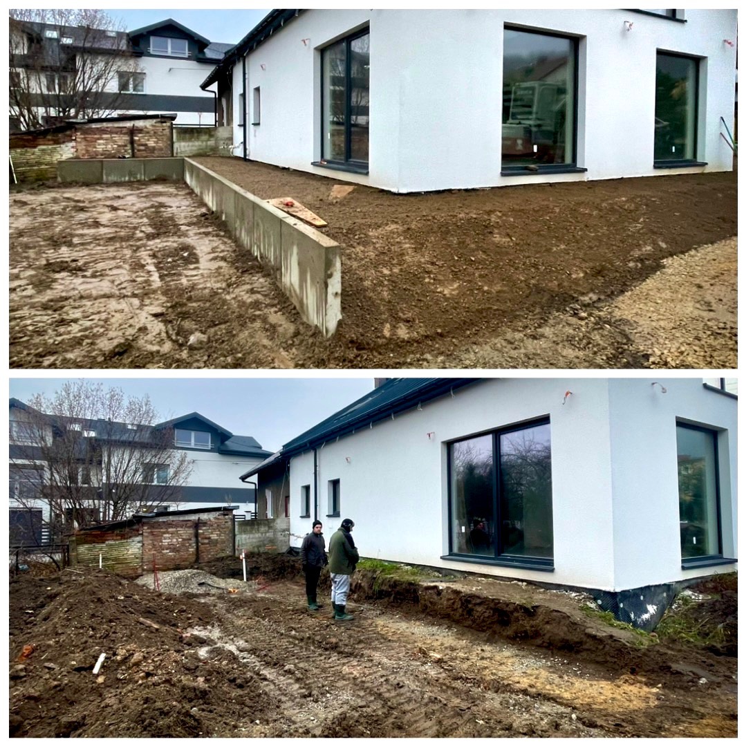 Dwa ujęcia terenu przed i po wyrównaniu, widoczny fragment fundamentu budynku i dwóch osób w oddali, ziemia częściowo przygotowana pod trawnik.