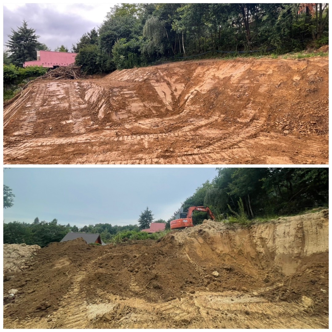 Dwa ujęcia terenu w trakcie prac ziemnych: górne pokazuje wyrównany teren z widocznymi śladami opon, dolne przedstawia wykop z pomarańczową koparką w tle, otoczony zielenią.