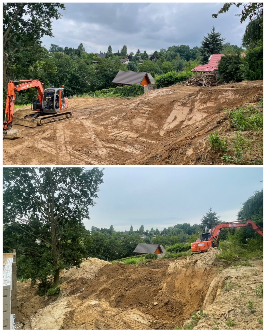 Niwelacja terenu pod budowę domu jednorodzinnego, widoczny pomarańczowy sprzęt budowlany i świeżo wyrównana ziemia z widocznymi śladami opon, w tle zabudowa jednorodzinna i drzewa.