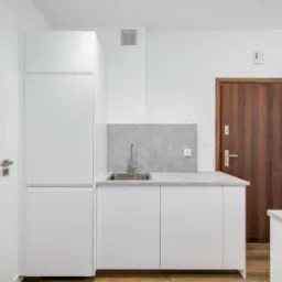 Minimalistyczna, biała zabudowa kuchenna z szarą ścianką nad blatem i drewnianymi drzwiami w tle. Nowoczesny design, proste linie, naturalne światło.