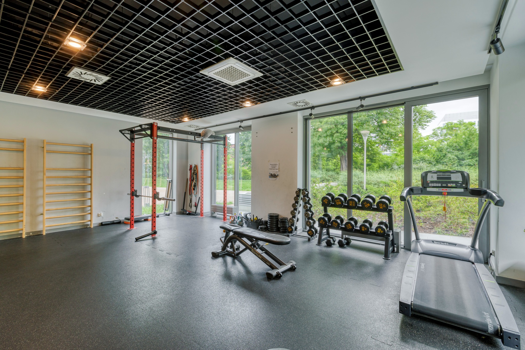 Jasne wnętrze siłowni z czarną gumową podłogą, drabinkami gimnastycznymi, stojakiem na sztangi, ławką do ćwiczeń, hantlami i bieżnią przy dużych oknach z widokiem na zieleń.