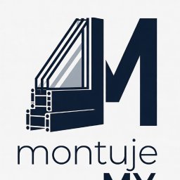 montujeMY - Grafika okna PCV z szybami, wkomponowana w logo firmy 'montuje MY' na białym tle. Minimalistyczny design, ciemnoniebieska kolorystyka.