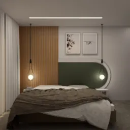 Nowoczesna sypialnia z łóżkiem, zielonym zagłówkiem w kształcie zaokrąglonego prostokąta, wiszącymi lampami z okrągłymi żarówkami i drewnianą ścianą w tle, oświetlona listwami LED.
