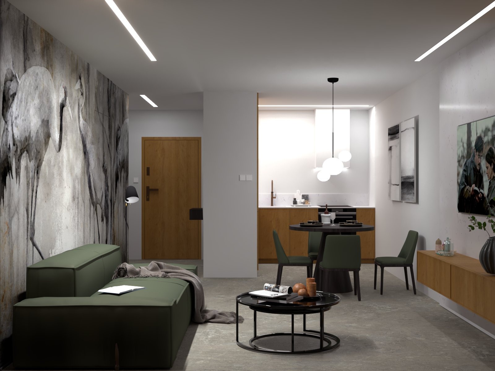 Wizualizacja salonu z aneksem kuchennym: zielona sofa z narzutą, ściana z motywem żurawi, okrągły stół jadalny z zielonymi krzesłami, drewniana zabudowa kuchenna.