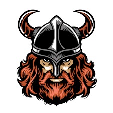 Grafika wektorowa: stylizowana głowa wojownika w hełmie wikinga z rogami, z rudą brodą i włosami, na białym tle.
