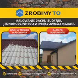 Porównanie dachu przed i po malowaniu: po lewej dach w trakcie malowania, częściowo pokryty farbą, po prawej dach po zakończeniu malowania, jednolicie pokryty ciemnym kolorem, budynek jednorodzinny...