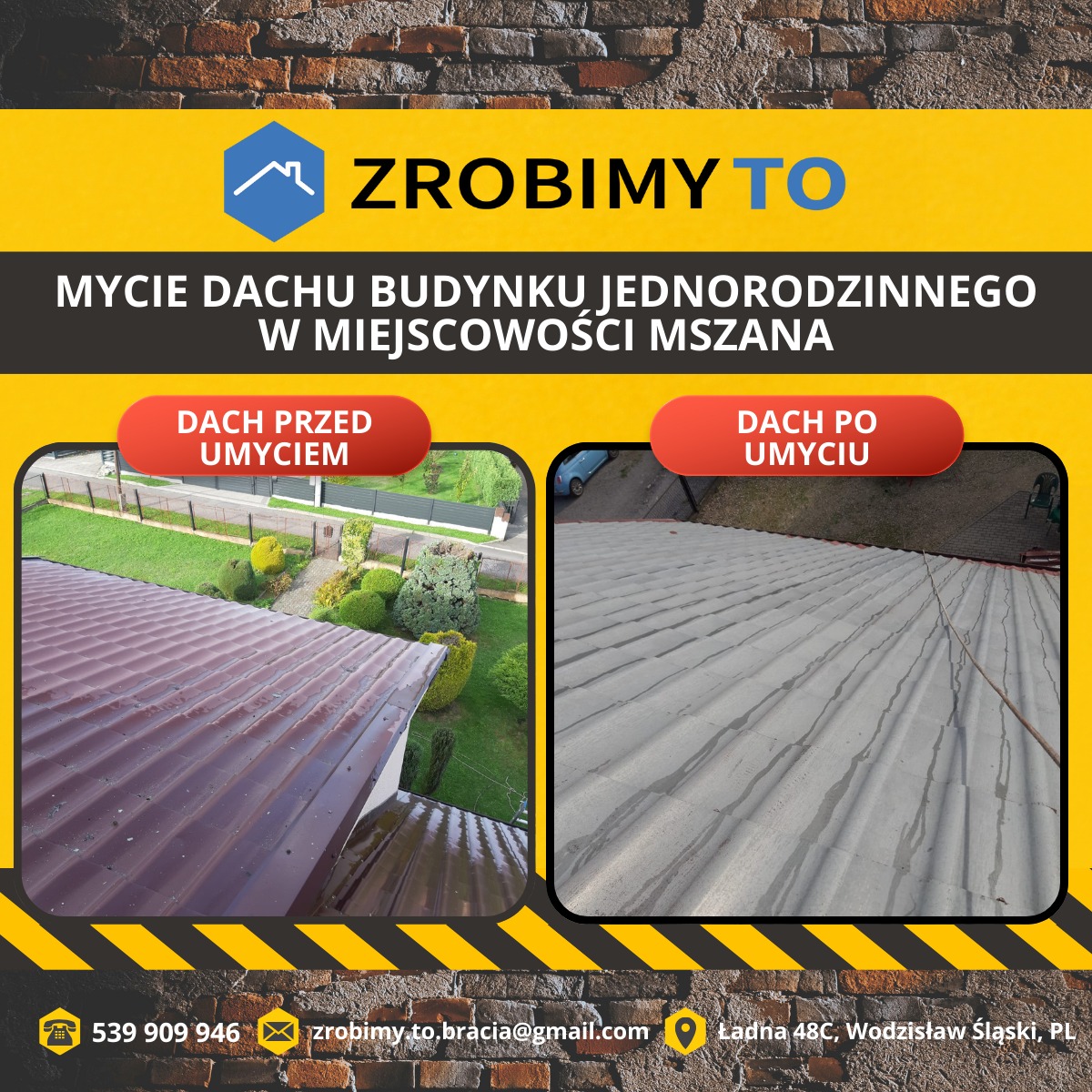 Porównanie dachu budynku jednorodzinnego przed i po umyciu, z widocznymi różnicami w czystości pokrycia. Dach przed myciem jest brązowy i zabrudzony, a po myciu szary i czysty.