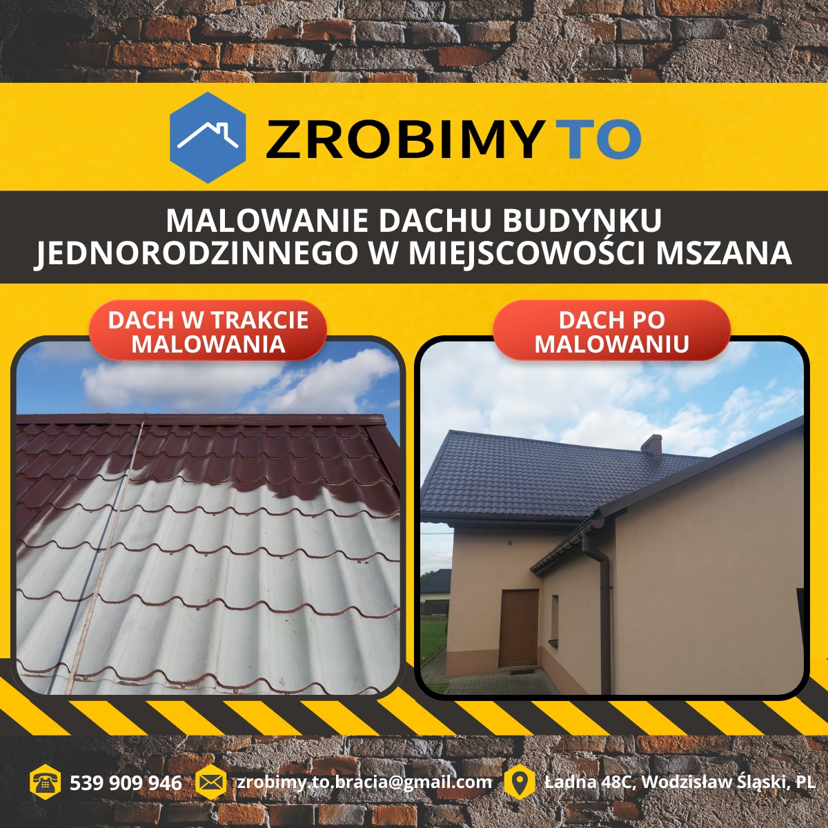 Porównanie dachu przed i po malowaniu: po lewej dach w trakcie malowania, częściowo pokryty farbą, po prawej dach po zakończeniu malowania, jednolicie pokryty ciemnym kolorem, budynek jednorodzinny...