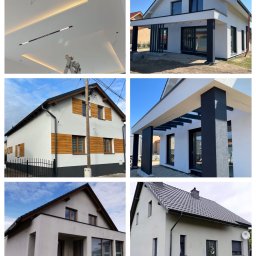 Delta Home - Kolaż prezentujący różnorodne wykończenia elewacji domów jednorodzinnych, w tym gładkie, białe fasady oraz sufity z oświetleniem LED, ukazujące nowoczesny design.