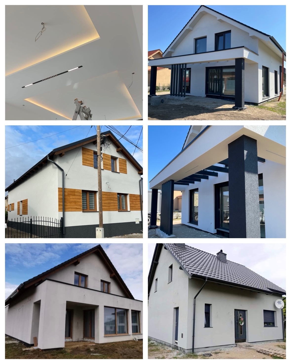 Kolaż prezentujący różnorodne wykończenia elewacji domów jednorodzinnych, w tym gładkie, białe fasady oraz sufity z oświetleniem LED, ukazujące nowoczesny design.