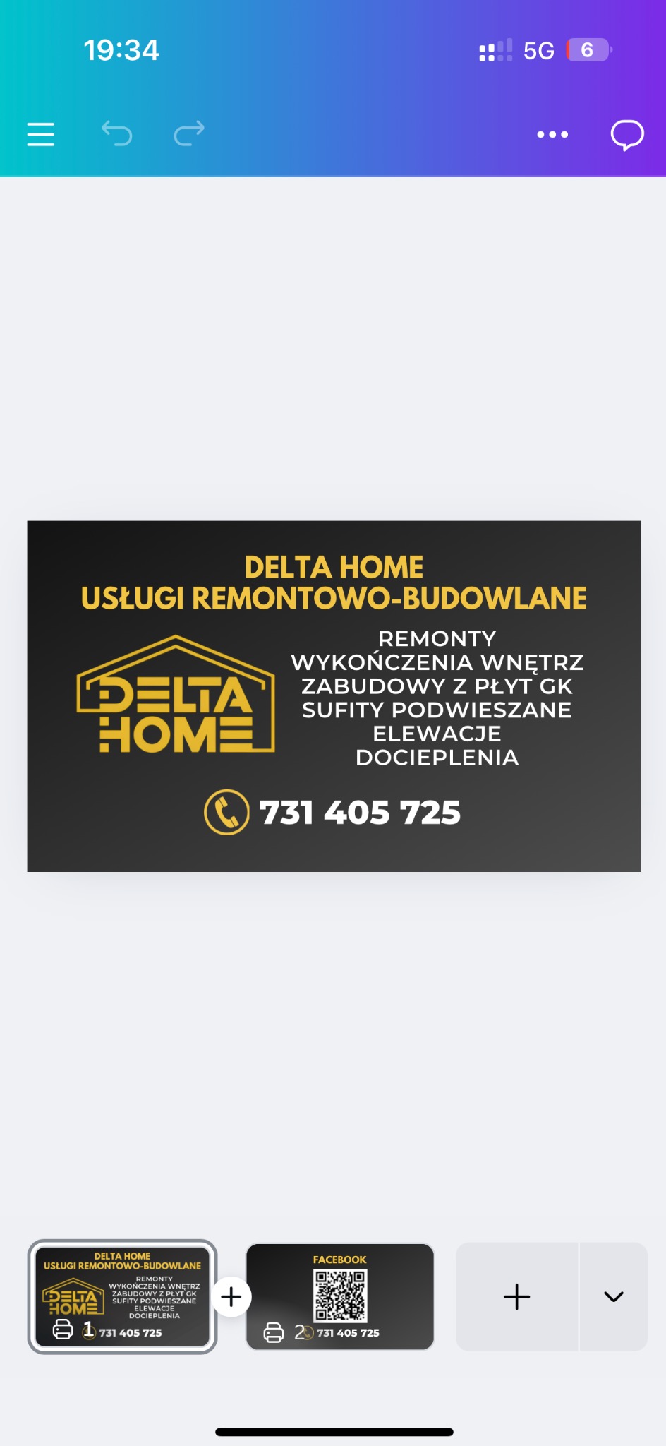 Grafika reklamowa Delta Home z usługami remontowo-budowlanymi: remonty, wykończenia wnętrz, zabudowy z płyt GK, sufity podwieszane, elewacje, docieplenia i numer telefonu.