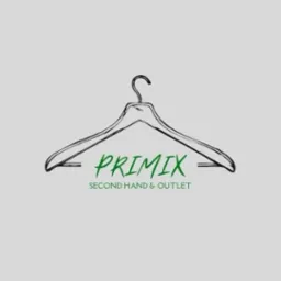 Szkic wieszaka na ubrania z nazwą sklepu 'PRIMIX SECOND HAND & OUTLET' napisaną zieloną czcionką.