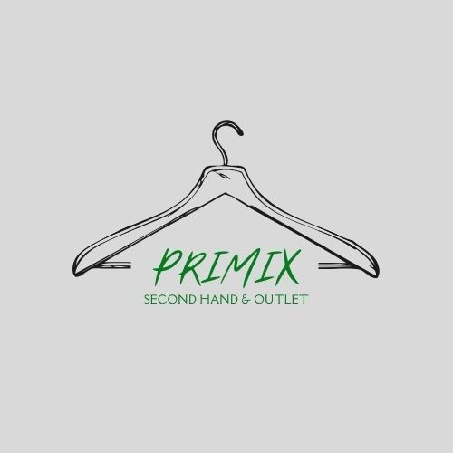 Szkic wieszaka na ubrania z nazwą sklepu 'PRIMIX SECOND HAND & OUTLET' napisaną zieloną czcionką.